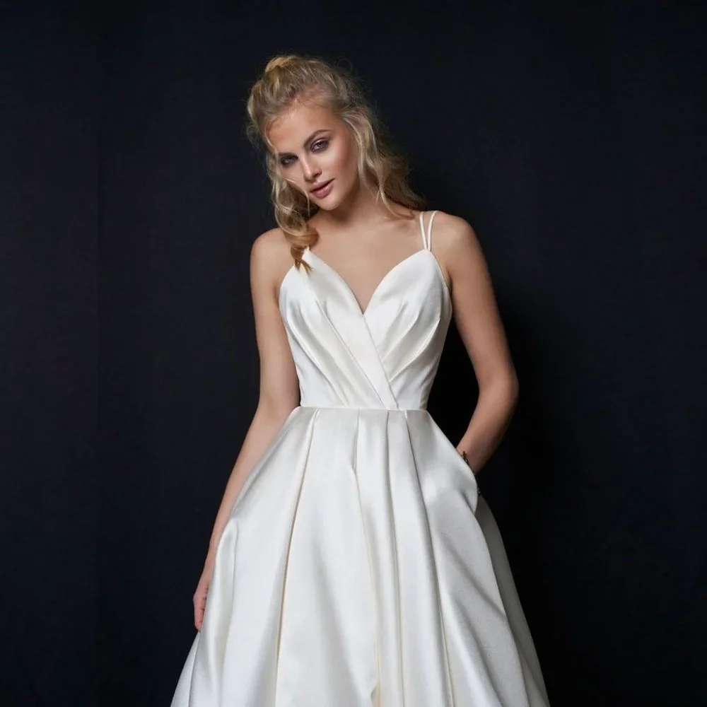 Fashion Satin Wedding Dress 2022 Custom Size Sexy Spaghetti Straps Ruched Pleats - Picture 3 of 6